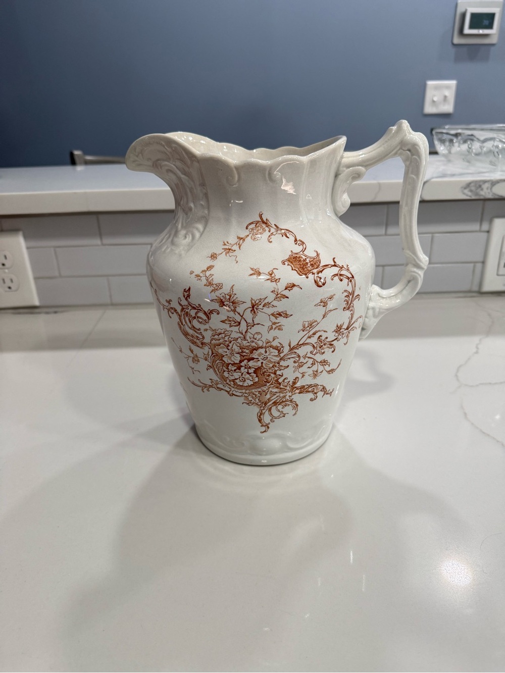 Vintage Floral Wash Pitcher White Brown floral Transferware